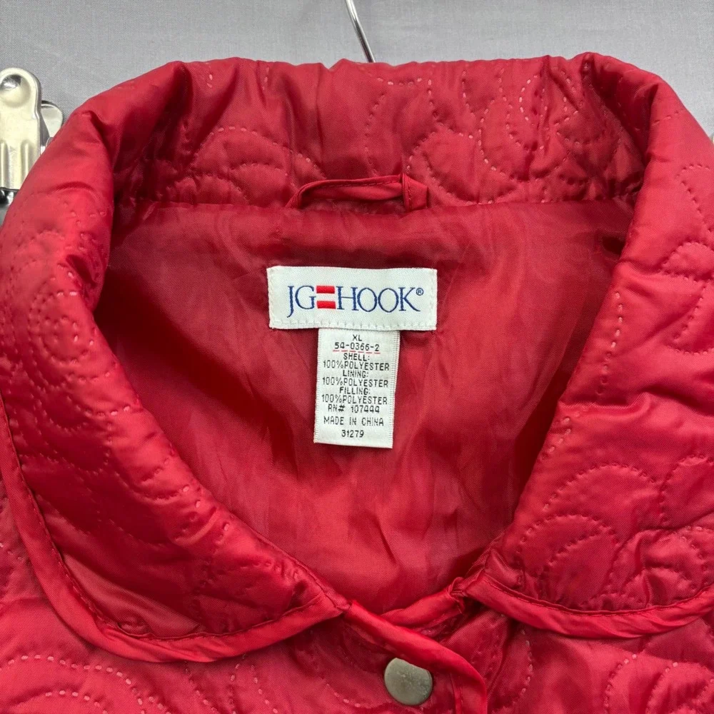 JG Hook Red Rose Floral Quilted Jacket Women XL Snap Front Peter Pan Collar Coat